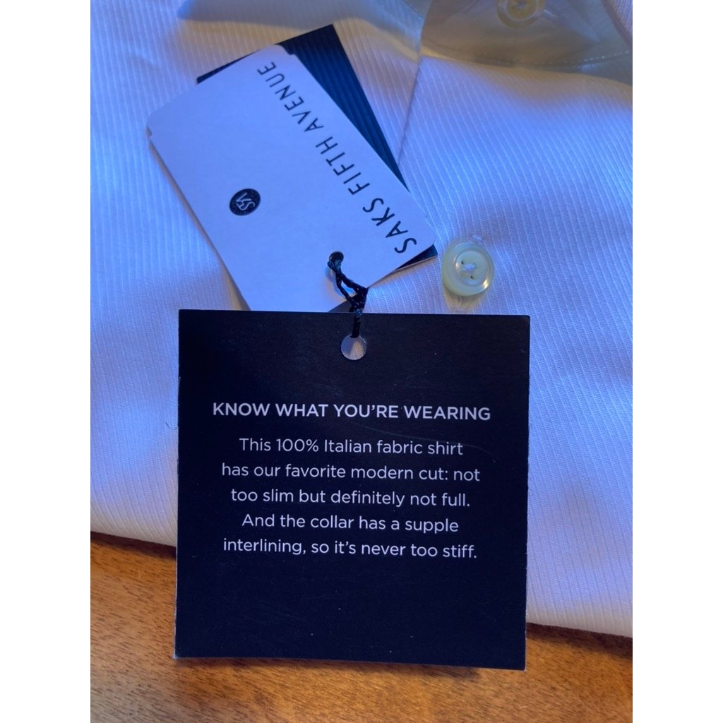 Saks Fifth Avenue Mens White Italian Fabric Dress Shirt 15 38 Modern Cut Nwt — image 5 of 5